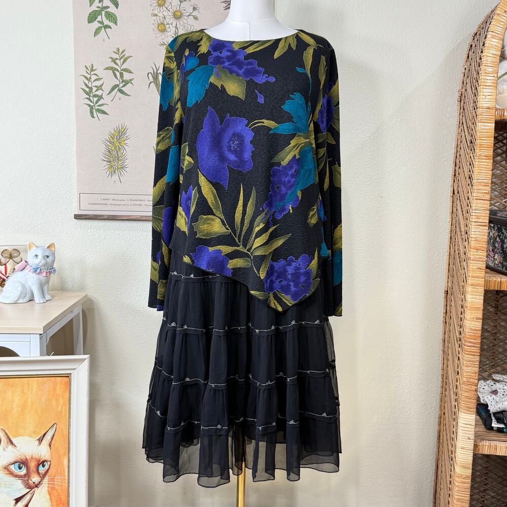 Vintage 90s Y2k Floral Asymmetric Top Whimsigoth Witchy Dark Romantic Goth L